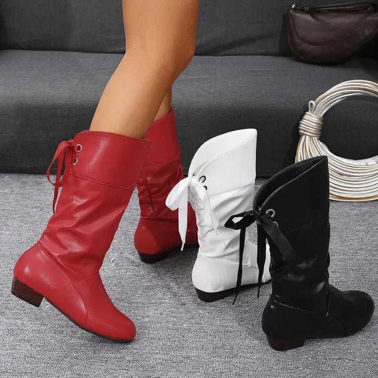 Shoes For Women 2025 Spring Knee High Boots Red Black White Tall Boots Woman Pleated Low Heel Casual Leather Female Long Shoes