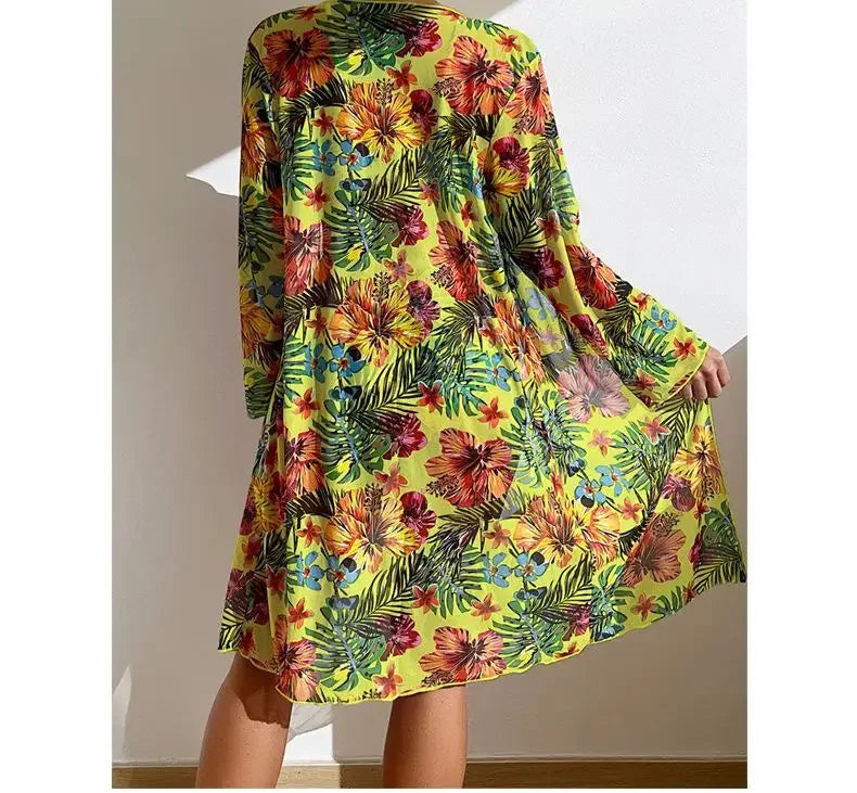 Size S-3XL Bikini Three Pieces Floral Printed Swimsuit Women Bikini Set With Mesh Long-Sleeved Blouse,Bra Top with Pad Swimwear