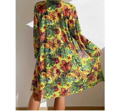 Size S-3XL Bikini Three Pieces Floral Printed Swimsuit Women Bikini Set With Mesh Long-Sleeved Blouse,Bra Top with Pad Swimwear