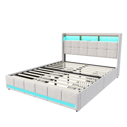 Rosahqnda Upholstered Double Bed 160 x 200 cm, Bed 180 x 200 cm with Storage Box, Storage Bed with 4 Drawers and LED Lighting
