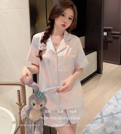 Korean Simple Sweet Ins Aesthetics Print Women's Pajamas Y2k Harajuku Colorful Trendy Sleepwear 2024 New Summer Fashion Homewear