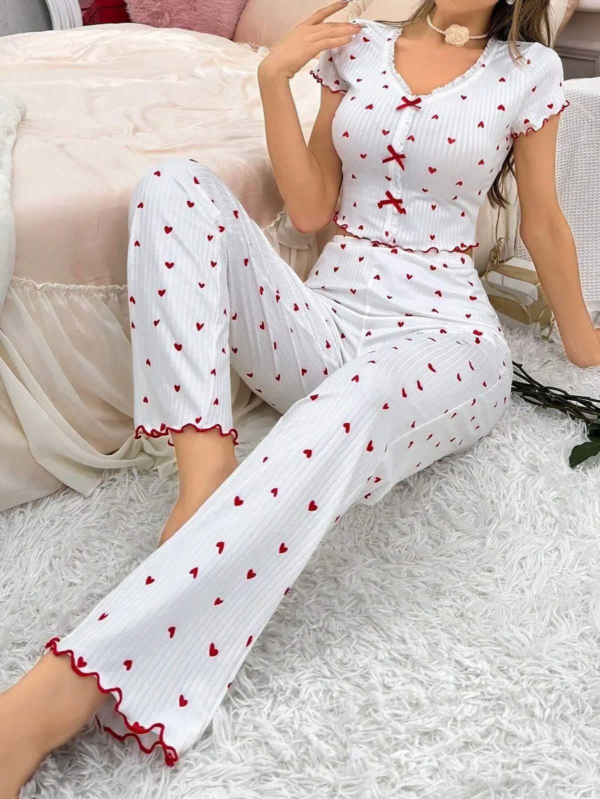 Heart Print Ribbed Frill Trim Pajama Set for Women Sleepwear Knitted V-Neck Loose Tops Elastic Long Pants Autumn Winter Wear