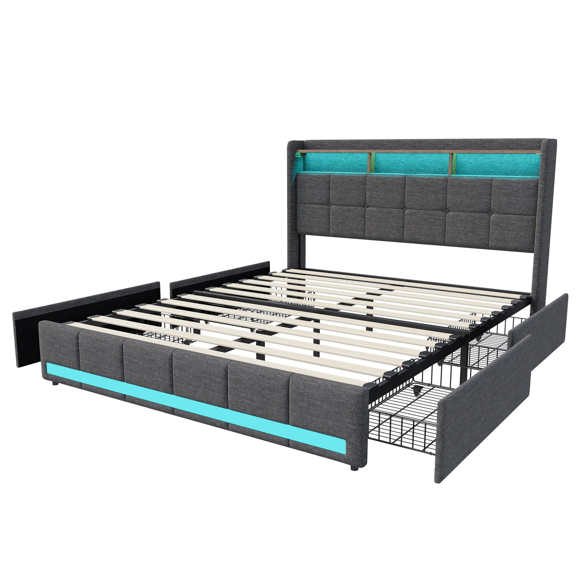 Rosahqnda Upholstered Double Bed 160 x 200 cm, Bed 180 x 200 cm with Storage Box, Storage Bed with 4 Drawers and LED Lighting