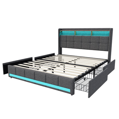 Rosahqnda Upholstered Double Bed 160 x 200 cm, Bed 180 x 200 cm with Storage Box, Storage Bed with 4 Drawers and LED Lighting