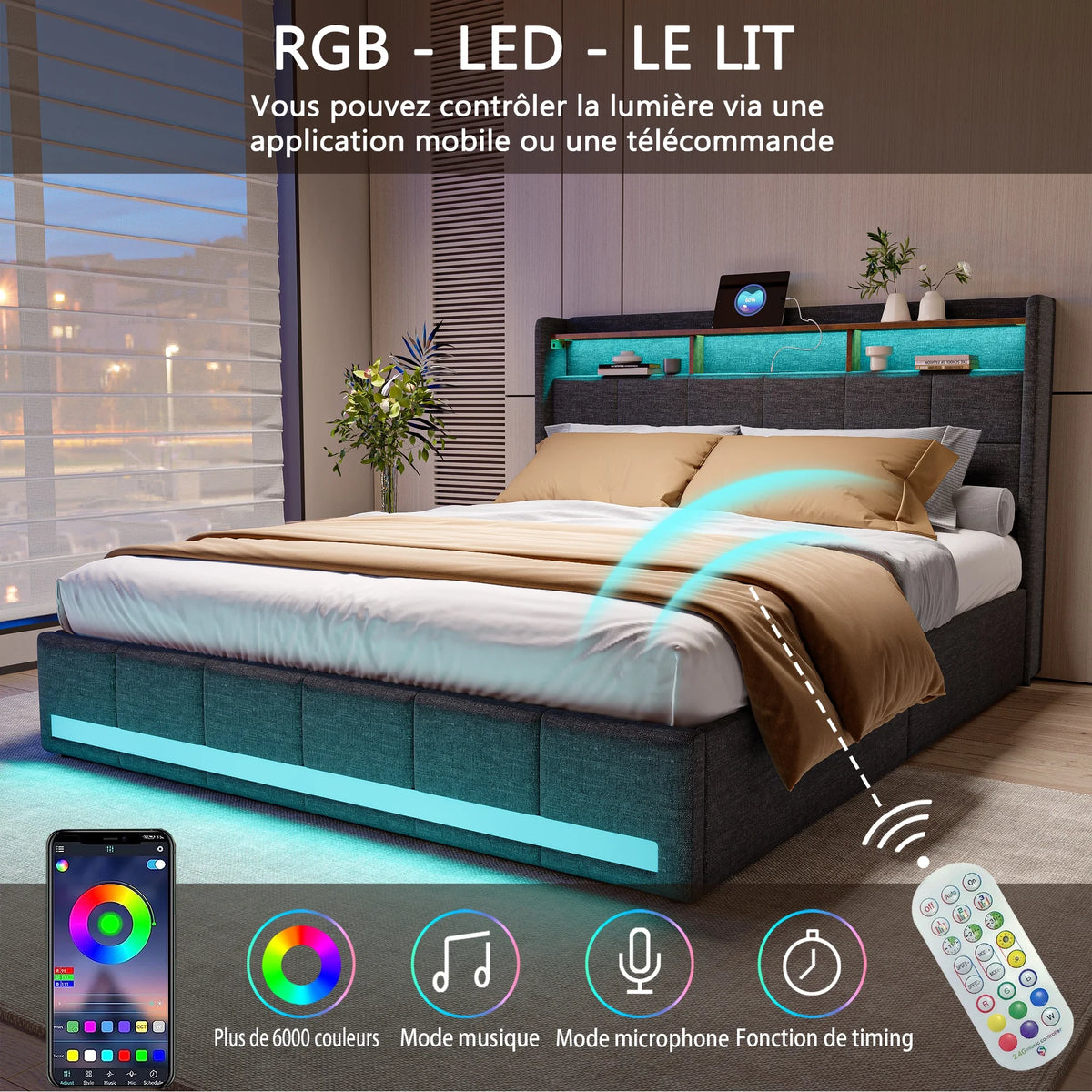 Rosahqnda Upholstered Double Bed 160 x 200 cm, Bed 180 x 200 cm with Storage Box, Storage Bed with 4 Drawers and LED Lighting