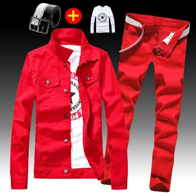Spring Autumn Mens Denim Jacket + Jeans Pants Set Fashion Letters Printed Coat Trousers Two Piece Denim suit