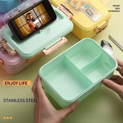 Bento Lunch Box for Kids Girls Cartoon Students Kawaii Cute Dinosaur Heated 3 Grid Sandwich Snack Food Box Special Canteen