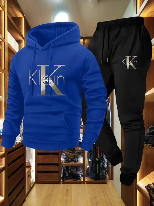 Men's Casual Two-Piece Set Autumn Winter Pattern Hoodie Sweatshirt & Long Pants Outdoor Sports Suit with Pockets Regular Fit