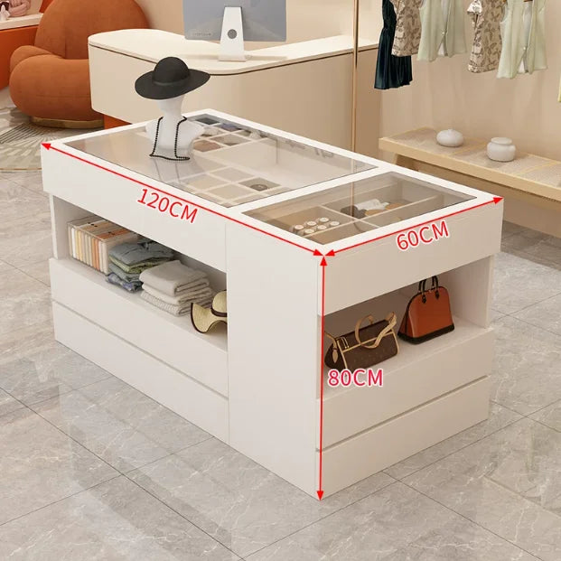 %a Wardrobe Armoire Bedroom Island with Glass Top, Glass Display Shelf &amp; 6 Drawers, Wooden Closet Storage Cabinet with Open She