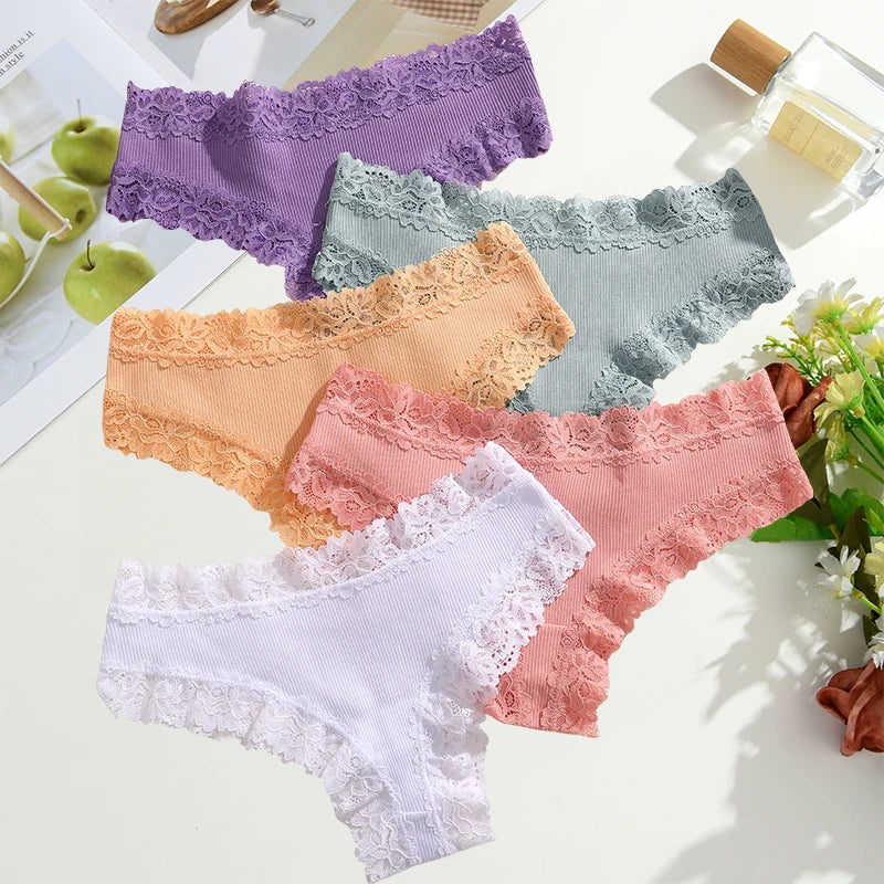 FINETOO 5PCS Sexy Lace Cotton Panties Women Brazilian Panties Ladies Sexy Low Waist Elastic T-Back Bikini Solid Soft Lingerie