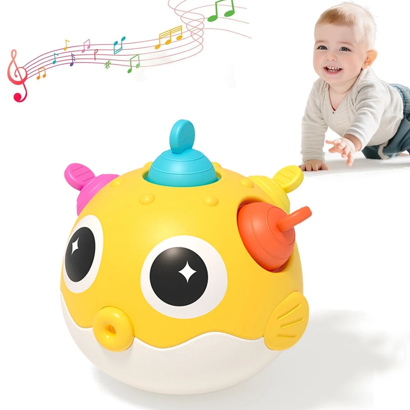 Pufferfish Baby Roly-Poly Rattle Toy with Teether Button, Motor Skills, Hand-Eye Coordination, Early Learning Toy, Newborn Gift