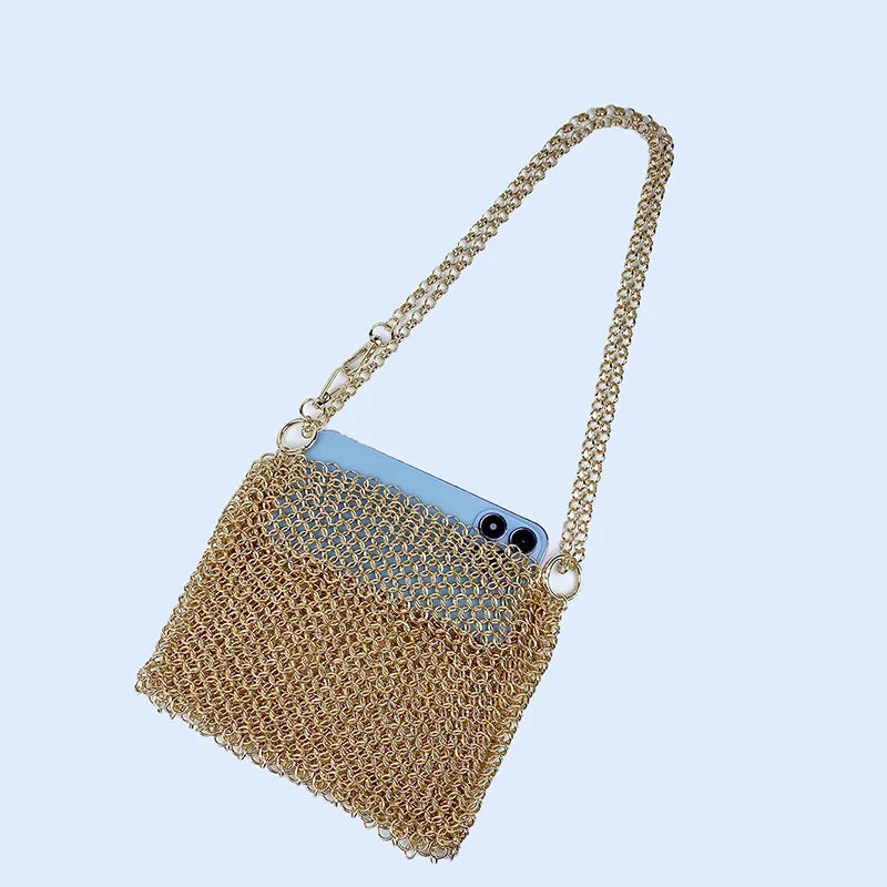 Metallic Hauberk Shoulder Bag Woven Ring Tote Chain Mail Designer Purses and Handbags Handmade Hollow Crossbody Bags for Women