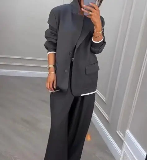 Two Piece Set Women Outfit 2025 Spring Autumn New Grey Commuting Notched Collar Long Sleeve Blazer & High Waist Pants Set
