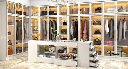 %a Wardrobe Armoire Bedroom Island with Glass Top, Glass Display Shelf &amp; 6 Drawers, Wooden Closet Storage Cabinet with Open She