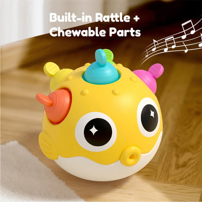 Pufferfish Baby Roly-Poly Rattle Toy with Teether Button, Motor Skills, Hand-Eye Coordination, Early Learning Toy, Newborn Gift