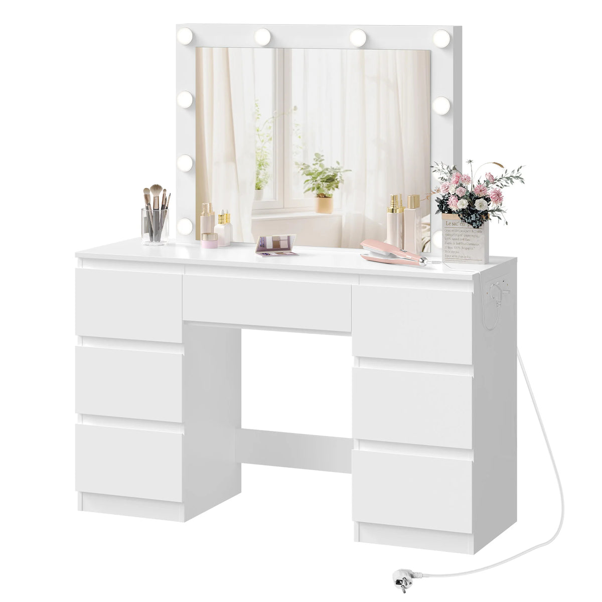 WOLTU White Dressing Table Girls/Women Vanity Dresser with Large Mirror 7 Drawers Makeup Desk with LED Lights Charging Socket