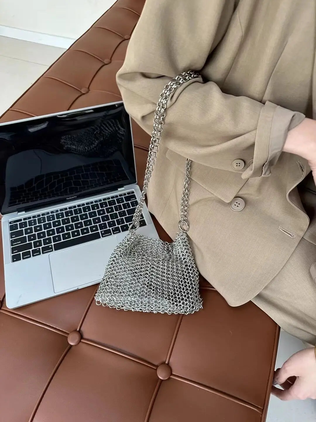 Metallic Hauberk Shoulder Bag Woven Ring Tote Chain Mail Designer Purses and Handbags Handmade Hollow Crossbody Bags for Women