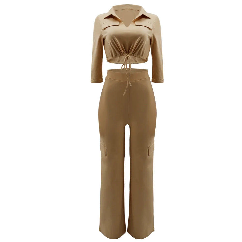 Elegant Office Women Two Piece Sets Autumn V Turn-down Neck Half Sleeve Drawstring Lace Up Short Shirt + Wide Leg Trousers Set