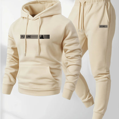 Men's two-piece set casual long-sleeved hooded sweatshirt and sports pants outfit suitable for winter and autumn  Sports outfit