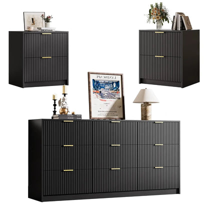 3-Piece Dresser Bedroom Set, 9 Drawer Dresser &amp; 2 Drawer Nightstands with Gold Handles, Fluted Wood Chest of, Customized