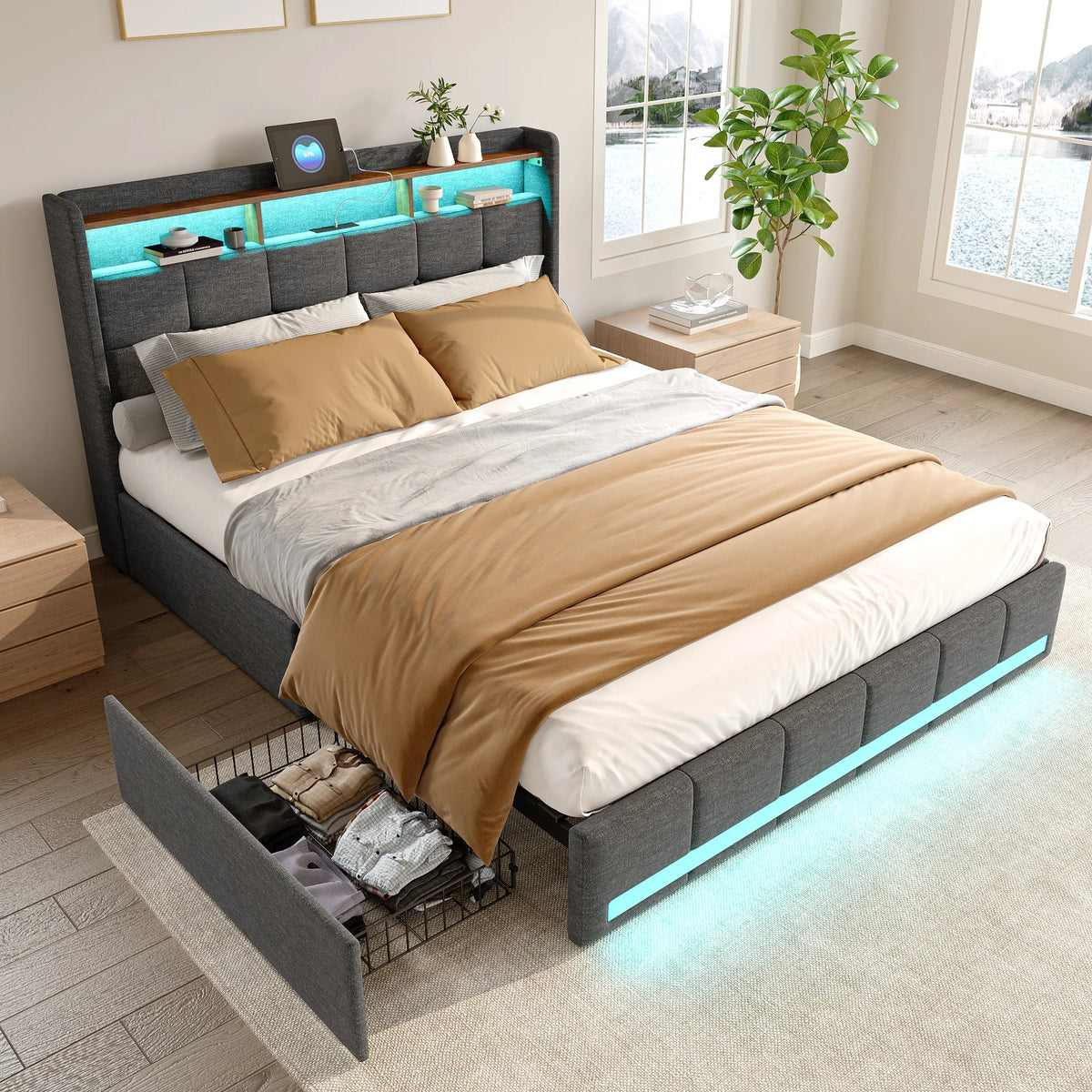 Rosahqnda Upholstered Double Bed 160 x 200 cm, Bed 180 x 200 cm with Storage Box, Storage Bed with 4 Drawers and LED Lighting