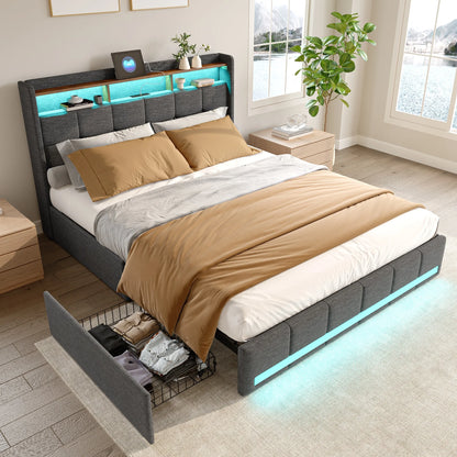 Rosahqnda Upholstered Double Bed 160 x 200 cm, Bed 180 x 200 cm with Storage Box, Storage Bed with 4 Drawers and LED Lighting