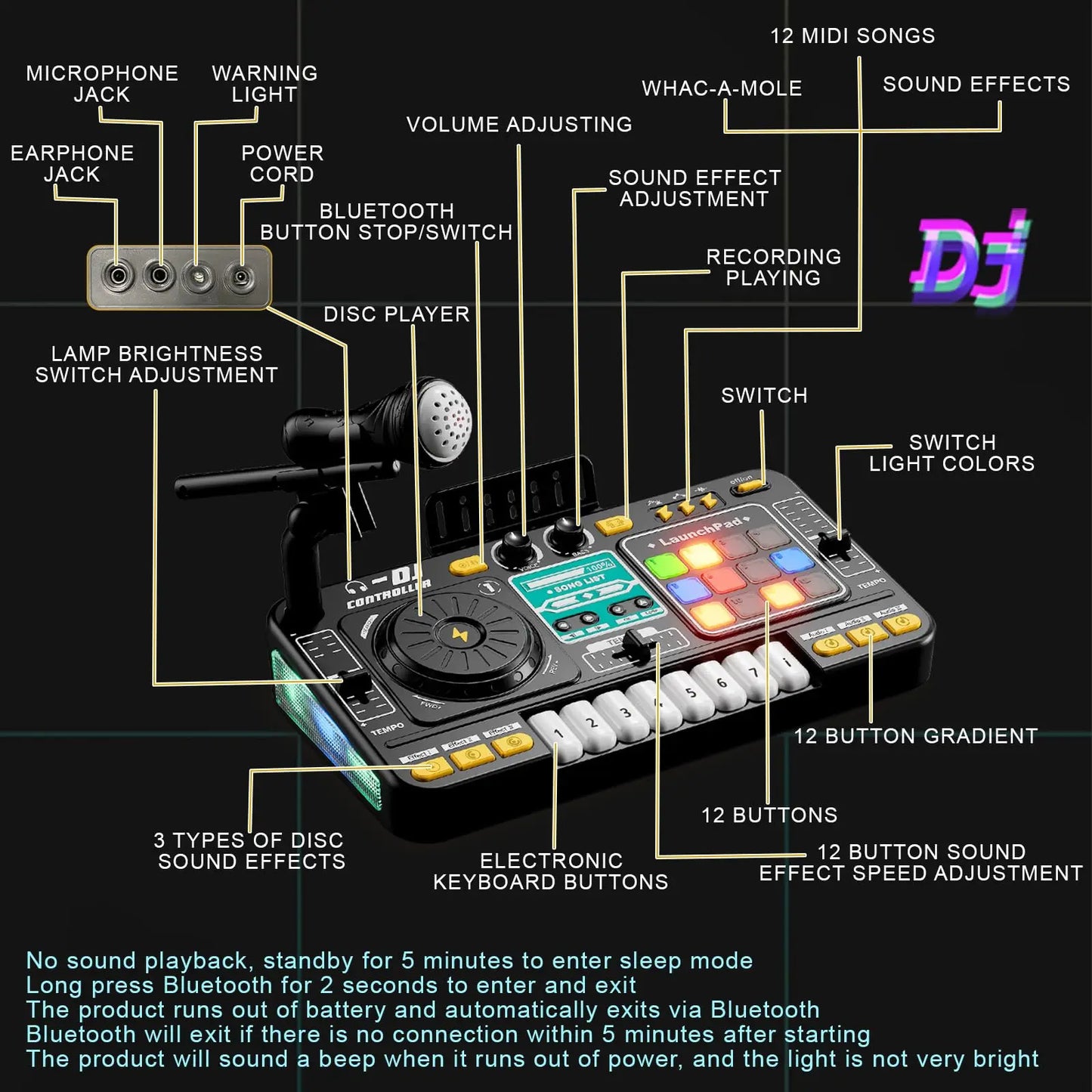 Kid DJ Mixer with Microphone Electronic Piano Keyboard Bluetooth DJ Turntable Controller Musical Instrument Kid Birthday Gift