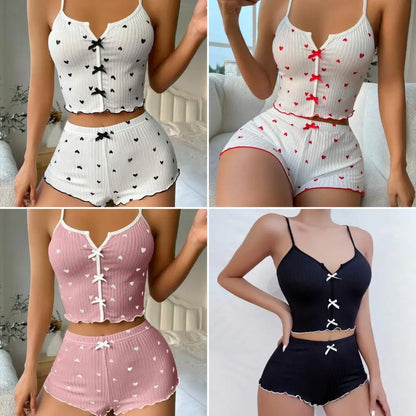 Women's Pajamas Set Bowknot Decor Sleepwear 2 PCS Short Tank Tops And Shorts Ventilate Loungewear Two-piece Female Nightwear