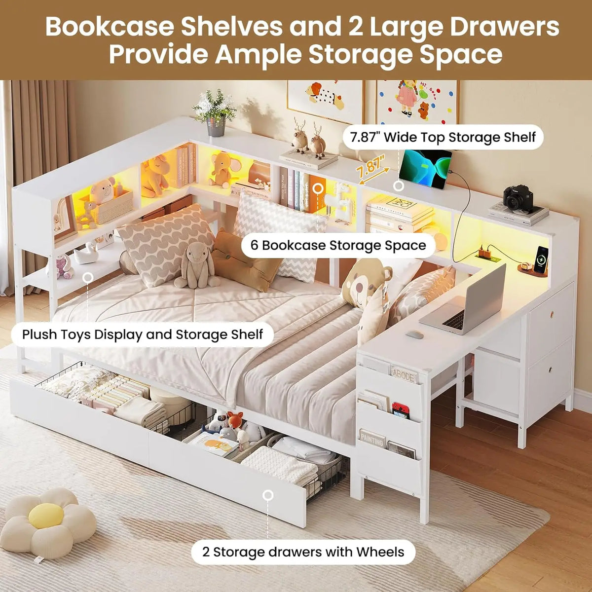 Corner Twin Bed Frame With Desk,Charging Station And Bookcase Storage Metal Platform Bed Frame With Storage Drawers And Led Ligh