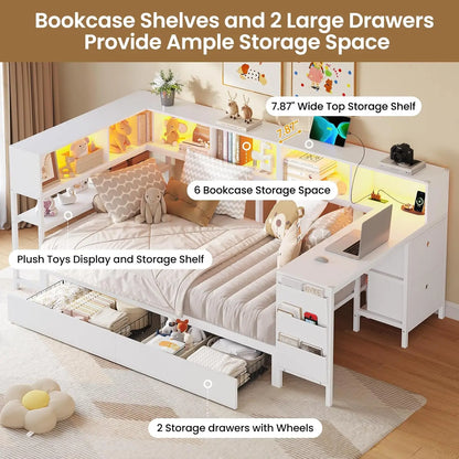Corner Twin Bed Frame With Desk,Charging Station And Bookcase Storage Metal Platform Bed Frame With Storage Drawers And Led Ligh