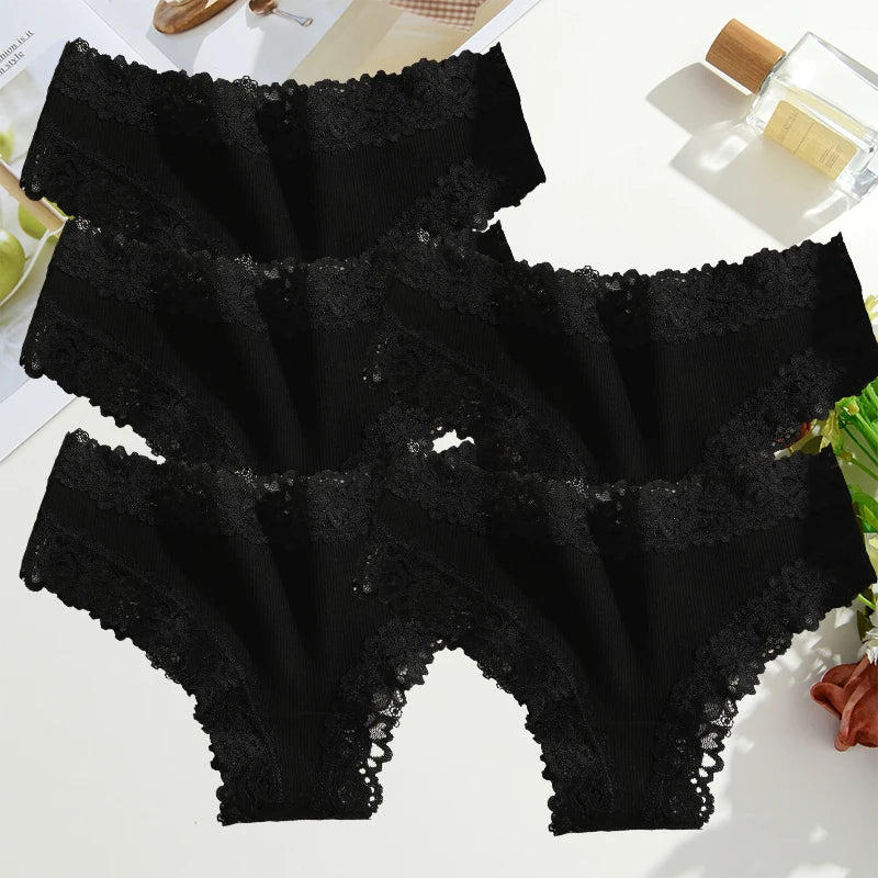 FINETOO 5PCS Sexy Lace Cotton Panties Women Brazilian Panties Ladies Sexy Low Waist Elastic T-Back Bikini Solid Soft Lingerie