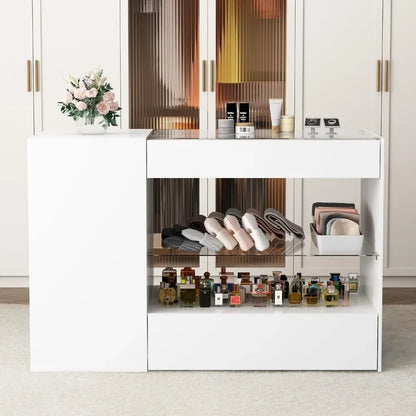 %a Wardrobe Armoire Bedroom Island with Glass Top, Glass Display Shelf &amp; 6 Drawers, Wooden Closet Storage Cabinet with Open She
