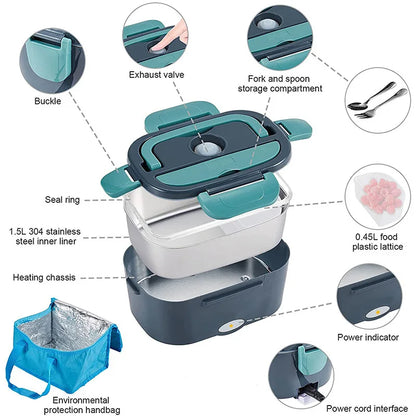 2 in 1 Electric Heating Lunch Box 1 5L For Car Home 220V 60W Portable Stainless Steel Food Container Bento Box