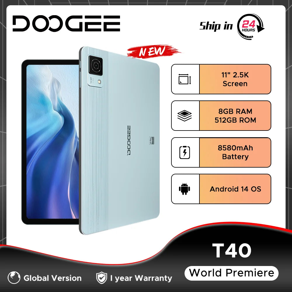 World Premiere DOOGEE T40 Tablet 11" IPS 2.5K Display 8GB 512GB Android 14 Helio G99 8580mAh 18W Charge Hi-Res Quad Speakers