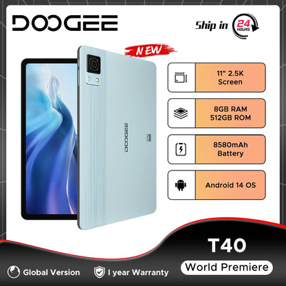 World Premiere DOOGEE T40 Tablet 11" IPS 2.5K Display 8GB 512GB Android 14 Helio G99 8580mAh 18W Charge Hi-Res Quad Speakers