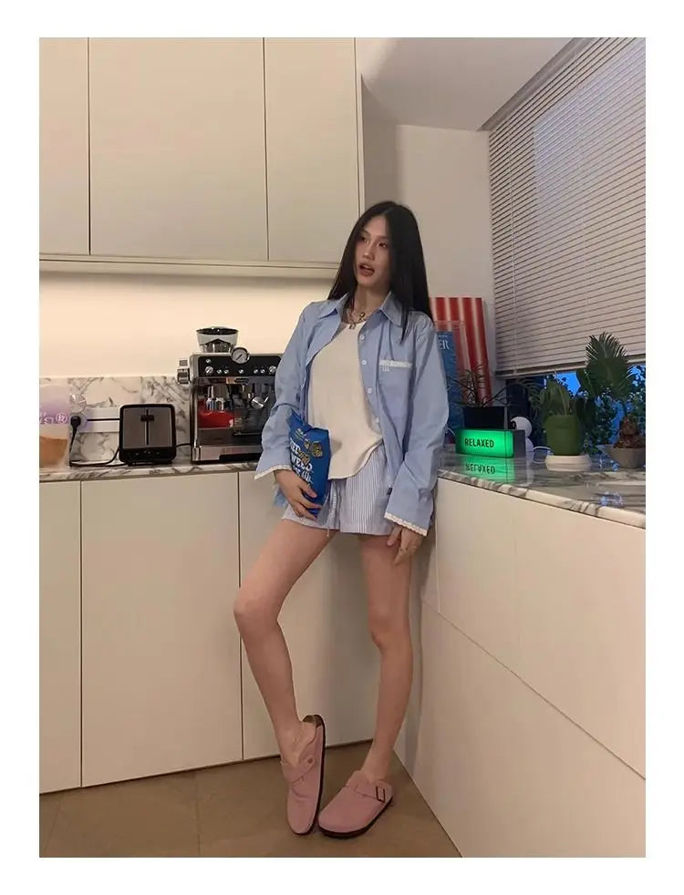 HOUZHOU Blue Striped Letter Embroidery Shorts Women Wide Leg Korean Fashion Short Pants Drawstring Baggy Casual Jorts Summer