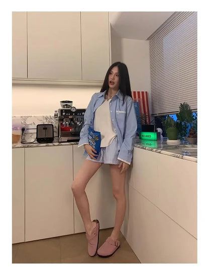 HOUZHOU Blue Striped Letter Embroidery Shorts Women Wide Leg Korean Fashion Short Pants Drawstring Baggy Casual Jorts Summer