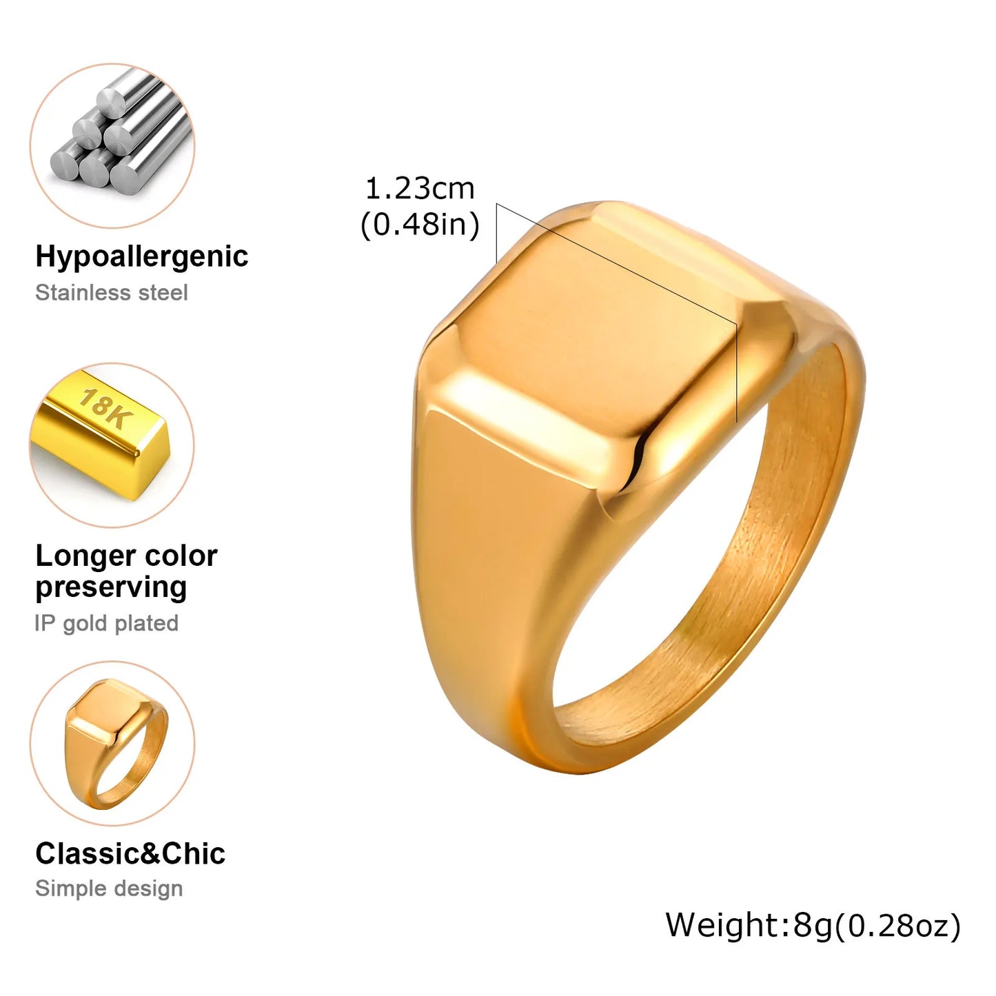 Square Signet Ring for Men Women,Gold Color Stainless Steel Ring Plain Band Ring,Statement Chunky Ring Band Thumb Ring