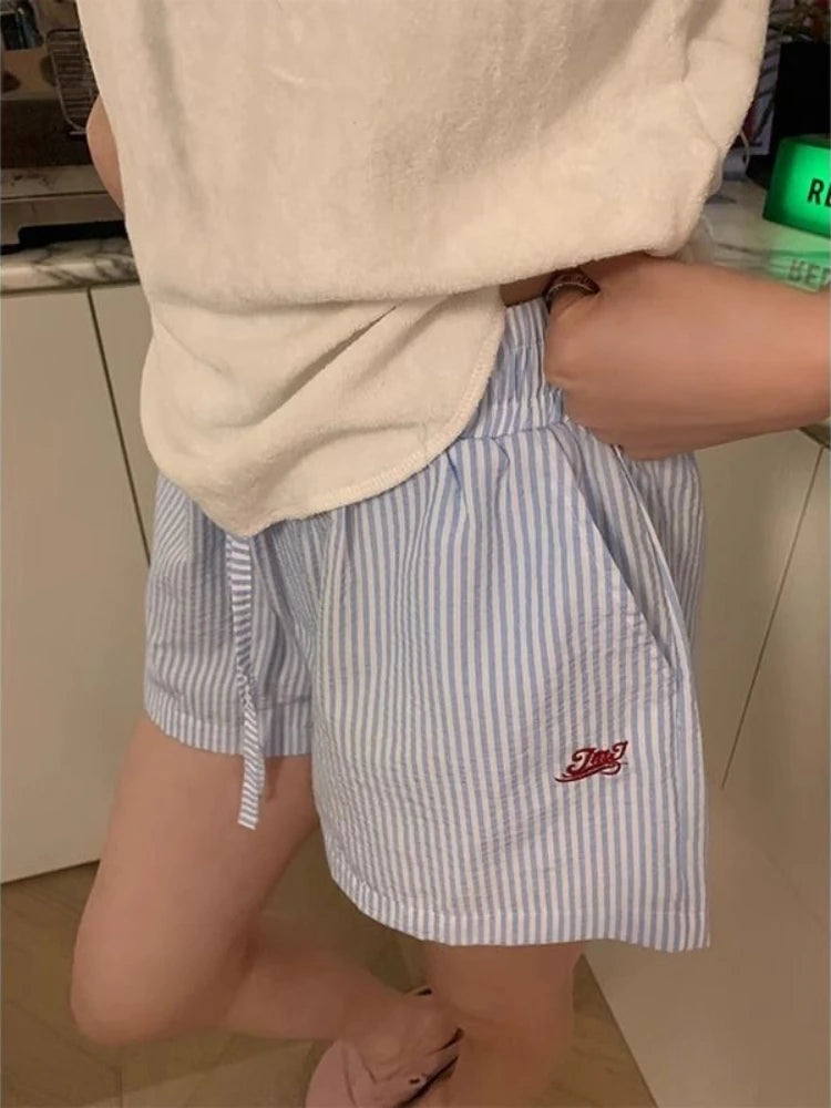 HOUZHOU Blue Striped Letter Embroidery Shorts Women Wide Leg Korean Fashion Short Pants Drawstring Baggy Casual Jorts Summer
