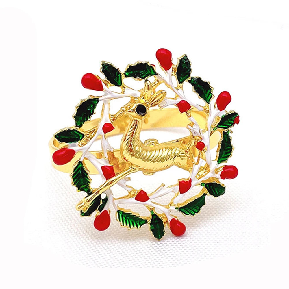 6Pcs Christmas Napkin Rings Gold Xmas Tree Deer Snowflake Hat Socks Napkin Buckles for Christmas Party Dinner Table Decorations