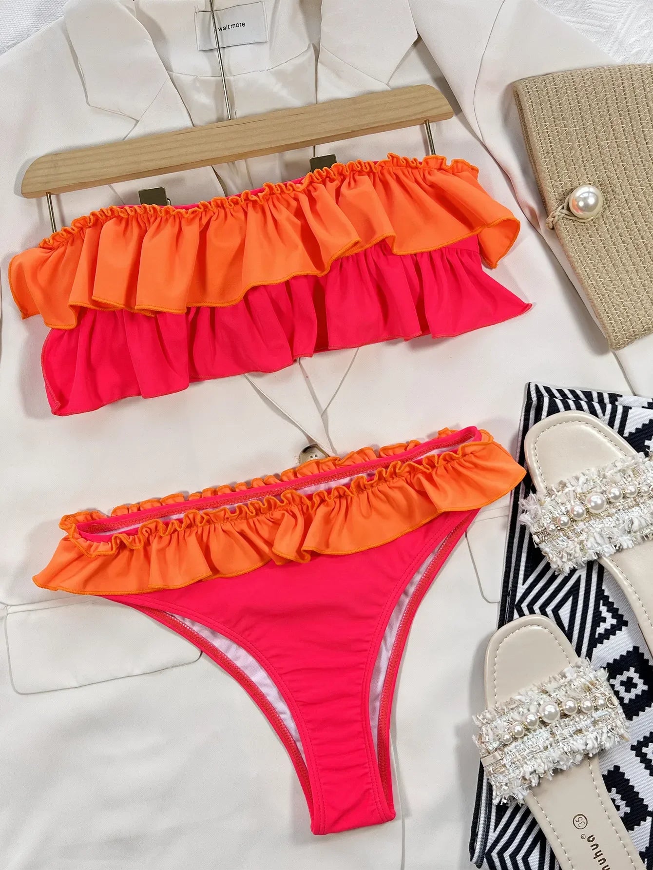 Sexy Bandeau Bikini 2025 Mujer Women Orange Patchwork Push Up Ruffles Micro Swimwear Brazilian Beach Bathing Suit Thong Swimsuit