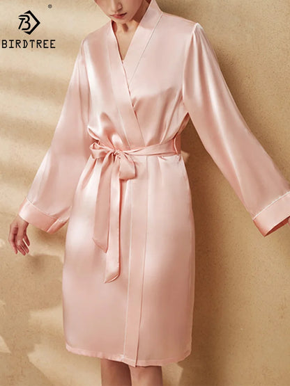 BirdTree, 100%Real Silk Simple Night-robe, Women V Neck Long Sleeve, Elegant Sexy Pajamas Robe, 2024 Summer Autumn New P469123QM