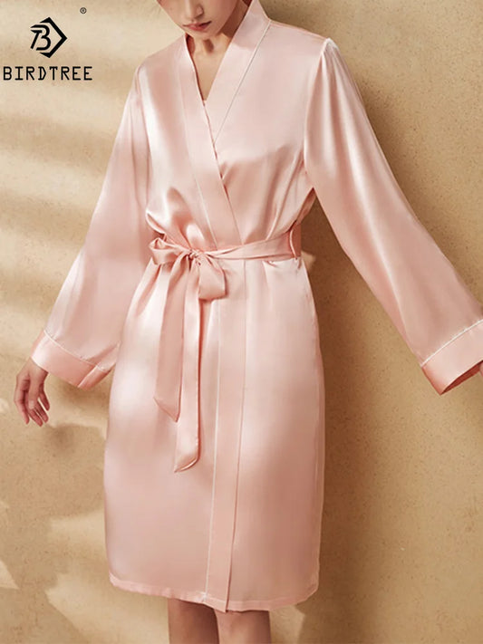 BirdTree, 100%Real Silk Simple Night-robe, Women V Neck Long Sleeve, Elegant Sexy Pajamas Robe, 2024 Summer Autumn New P469123QM