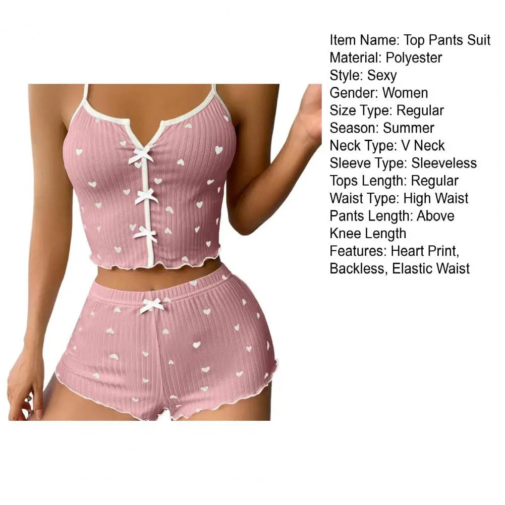 Women's Pajamas Set Bowknot Decor Sleepwear 2 PCS Short Tank Tops And Shorts Ventilate Loungewear Two-piece Female Nightwear
