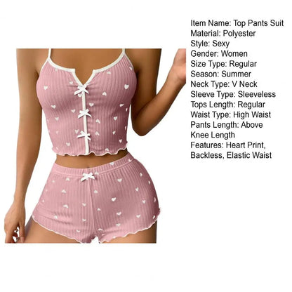 Women's Pajamas Set Bowknot Decor Sleepwear 2 PCS Short Tank Tops And Shorts Ventilate Loungewear Two-piece Female Nightwear