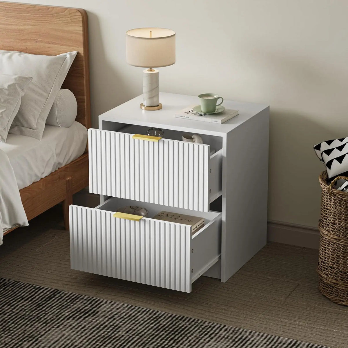 3-Piece Dresser Bedroom Set, 9 Drawer Dresser &amp; 2 Drawer Nightstands with Gold Handles, Fluted Wood Chest of, Customized