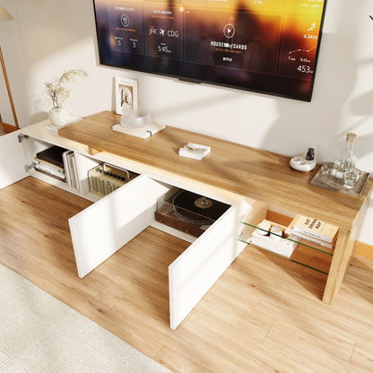 Rosahqnda TV Cabinet for Living Room,TV Lowboard with LED,Sideboard,2 Glass Partition,3 Drawers,White/Black High Gloss