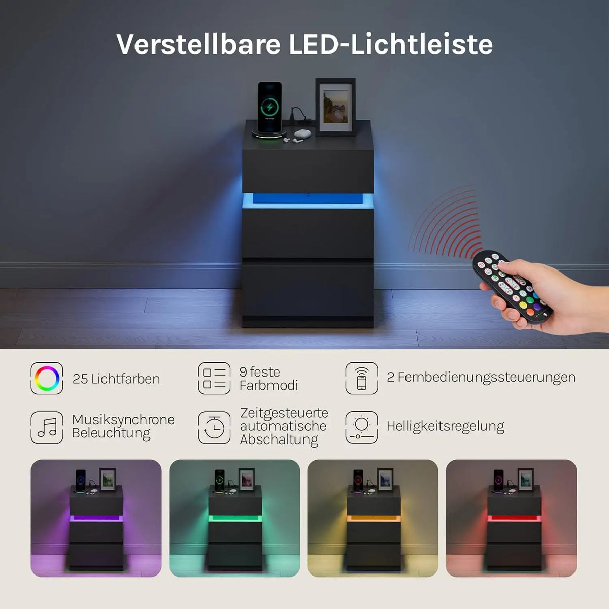 WOLTU Nightstand White/Black Bedside Table with LED Lighting 2 Drawers USB Charging Function Narrow Sofa Table