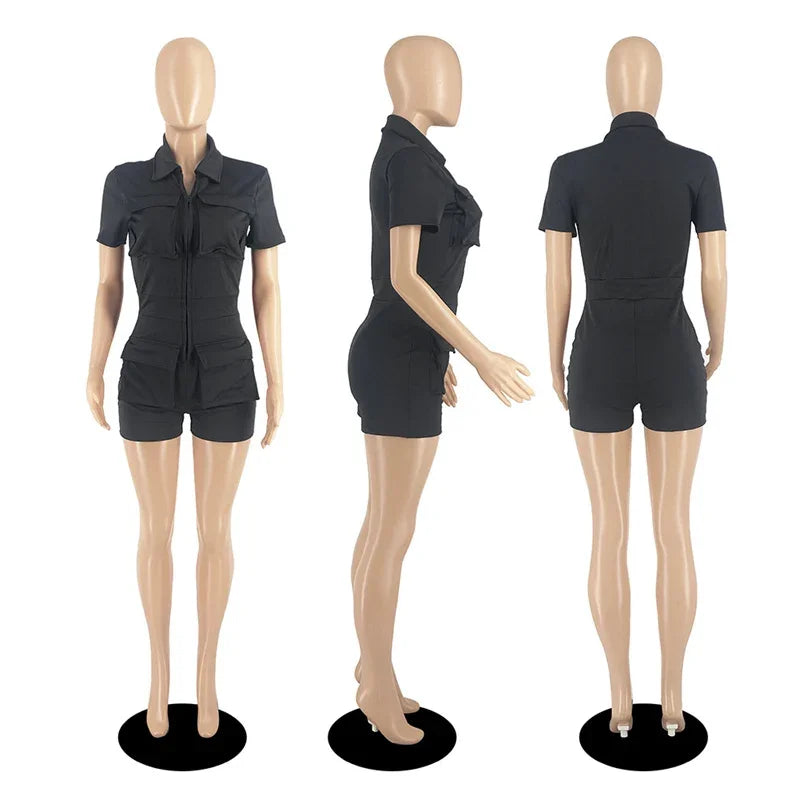 Streetwear Zipper Pockets Shorts Jumpsuit Women Clothing Short Sleeve Skinny Cargo Playsuit Summer Casual One Pieces Romper