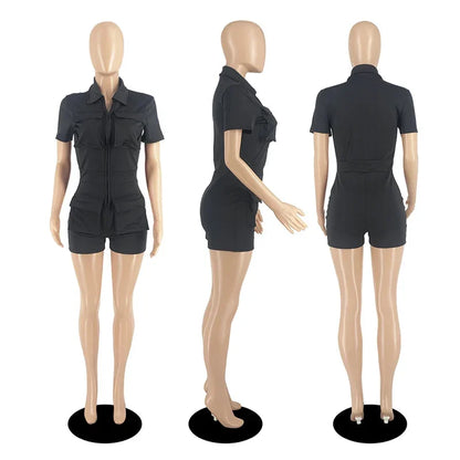 Streetwear Zipper Pockets Shorts Jumpsuit Women Clothing Short Sleeve Skinny Cargo Playsuit Summer Casual One Pieces Romper